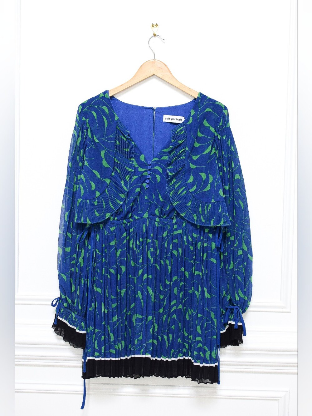 Self Portrait Crescent Chiffon Pleated Cape Dress Blue Green Mini Sz 4 Cocktail - Picture 4 of 15